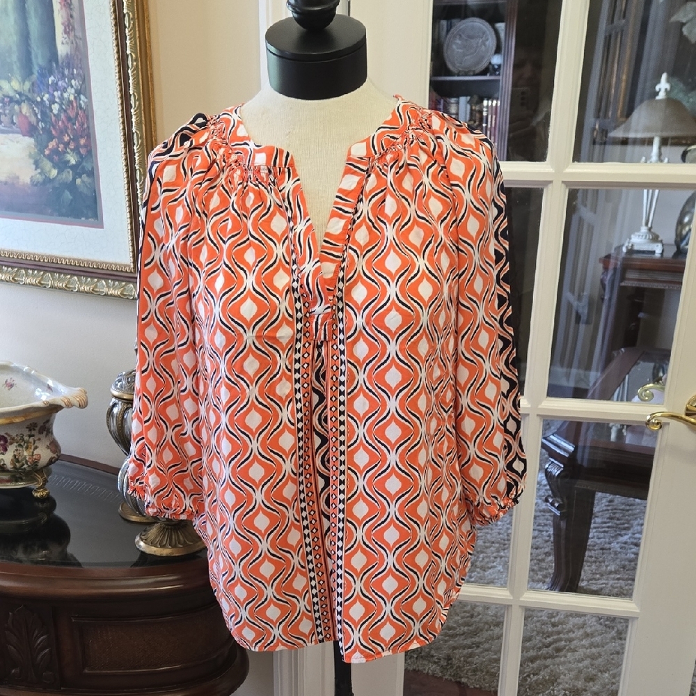 Crown & Ivy Orange and Navy Blue Geometric Top Smocked 3/4 Sleeve Rayon Med EUC